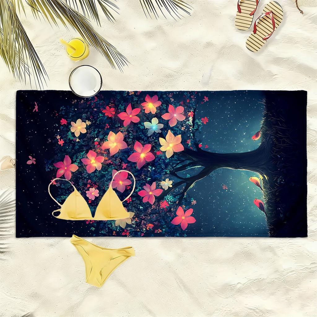 Dreamy forest with floral patterns polyester microfiber beach towel is highly absorbent, suitable for swimming and beach outings