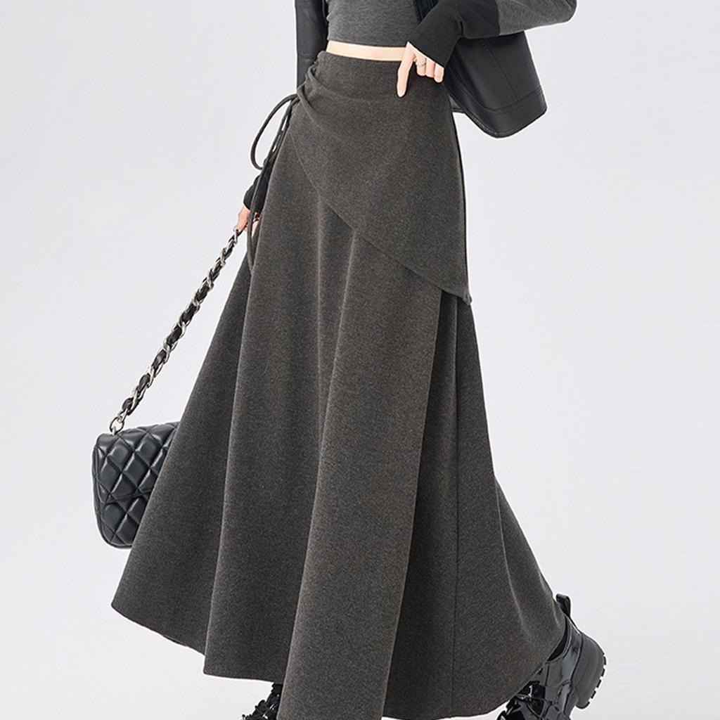 2025 New Design Women's Irregular Gray Woolen A-Line Tie-Up Long Skirt for Autumn/Winter