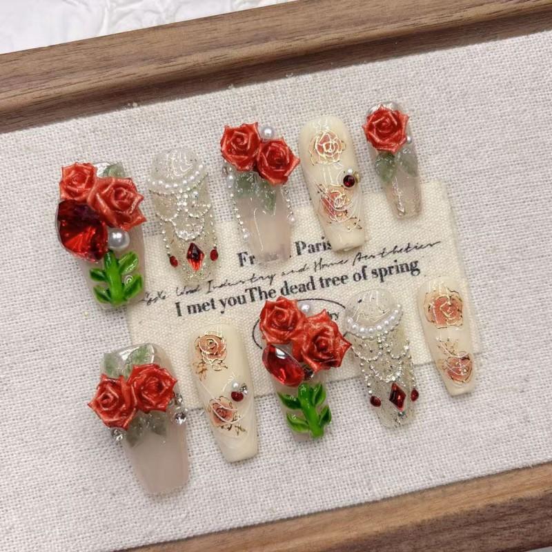 Handmade 3D Vintage Rose Press-On Nails Long Style 2026 New Design Women Girls