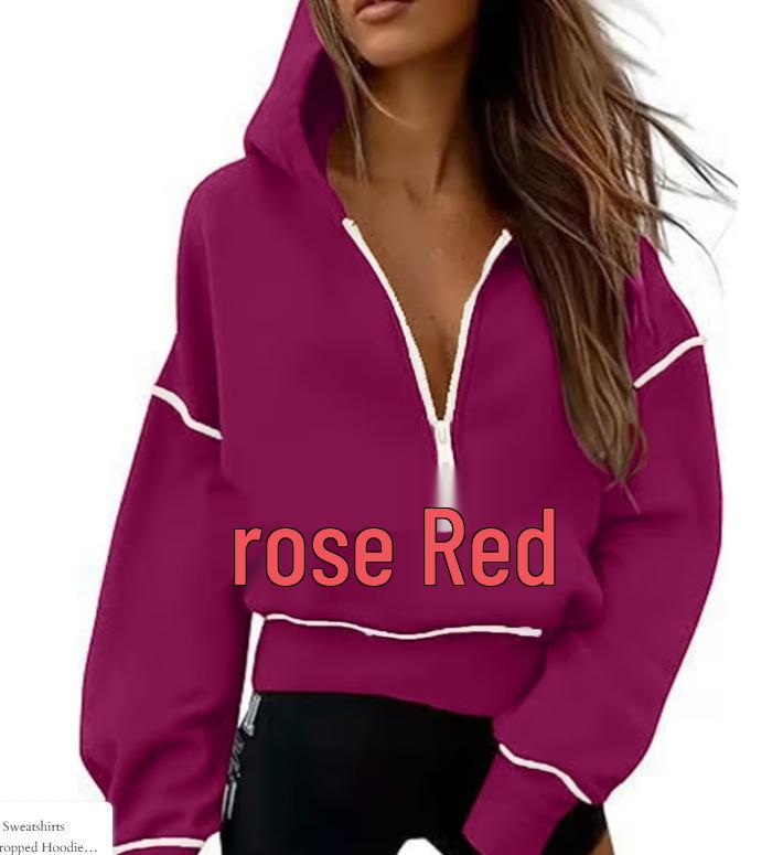 Women's Hooded Long Sleeve Half Zip Cropped Sweatshirt - Casual Autumn Winter Fashion 2026