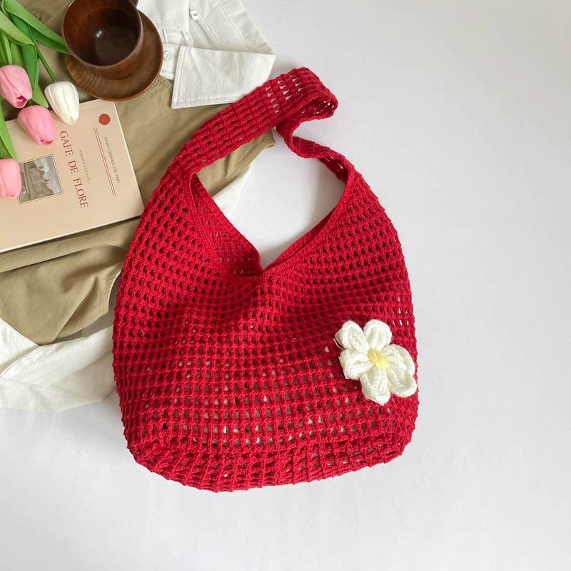 Solid Color Knitting Shoulder Bag Flower Large Capacity Bohemian Crochet Tote Bag Hollow Out Versatile Casual Woven Handbag