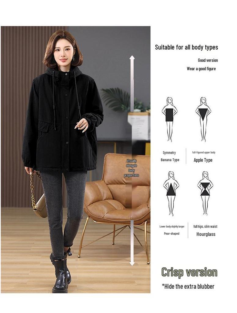 Women's 2024 Mid-Length Hooded Cotton Parka - Fleece-Lined, Solid Color, Casual Loose Fit, Winter Coat
