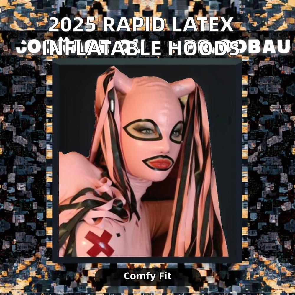 Rapid Shipment Latex Zentai Catsuit Hoods & Masks Pink with Black Trim Back Zipper & Hair Tube
