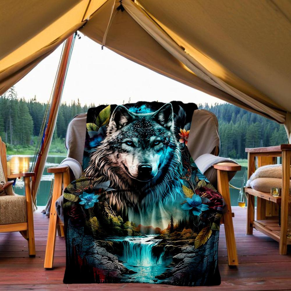 1pc Wolf Fantasy Flannel Blanket, Comfortable and Warm Blanket, for Camping Sofa Bed and Couch Office013