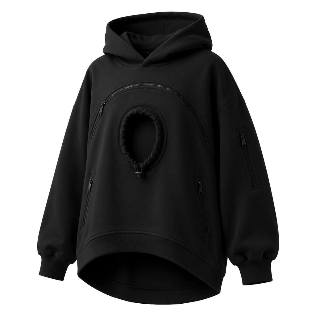Dámský svetr s kapucí a kapsou na mazlíčka (kočku), ležérní, na zip, s dlouhým rukávem, fleecový top s kapucí