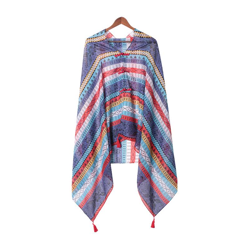"Summer Ethnic Style Cotton-Linen Shawl: Handmade Retro Button Sunscreen Beach Cover-Up"