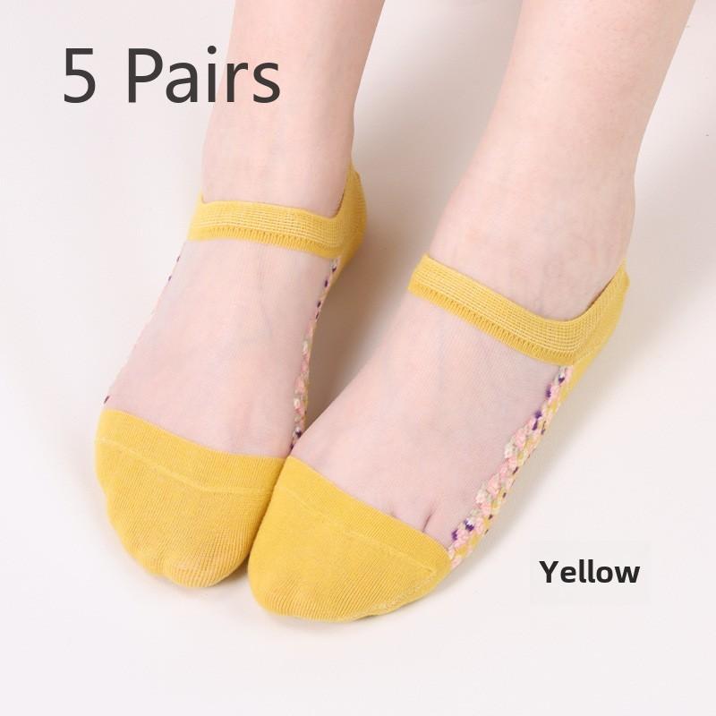 5 Pairs Spring and Summer Fashion Transparent Crystal Stockings Glass Silk Women's Boat Socks Flower Women's Socks