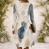 Women Criss Cross V Neck Long Sleeve Abstract Printed Curved Hem Dress
