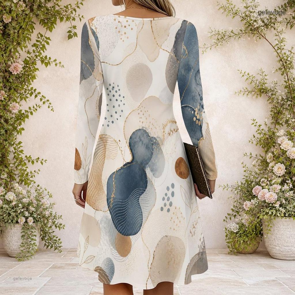 Women Criss Cross V Neck Long Sleeve Abstract Printed Curved Hem Dress
