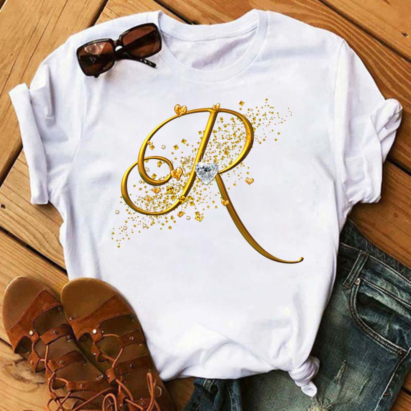 Custom Name Letter Combination Fashion Women T-shirt Diamond Gold Letter Font A B C D E F G Short Sleeve Tops Black T-shirt