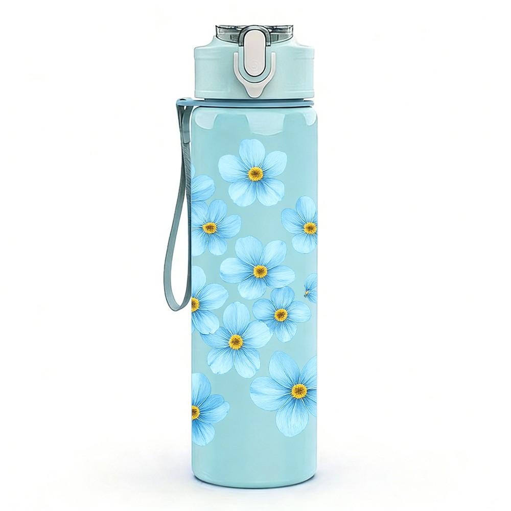 1PC Light Blue Small Flower 750ml Color Plastic Sports Water Bottle Leakproof Flip Straw Lid Suitable for Sports Office Home Use