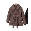 Winter Schlanker Damen Daunen Baumwollparka Knielang Kapuze Gürtel Mantel Gesteppte Jacke
