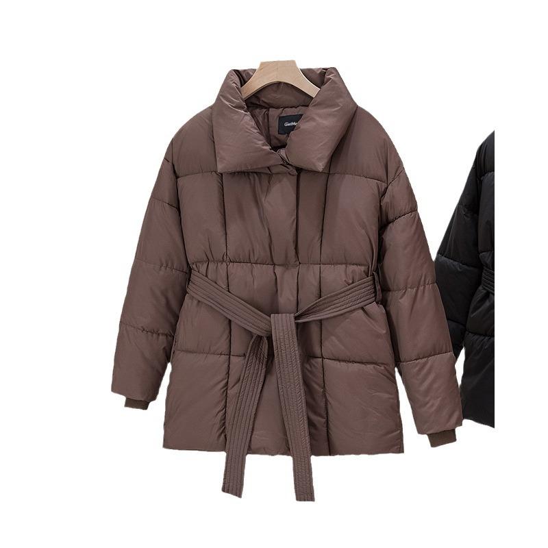 Winter Schlanker Damen Daunen Baumwollparka Knielang Kapuze Gürtel Mantel Gesteppte Jacke