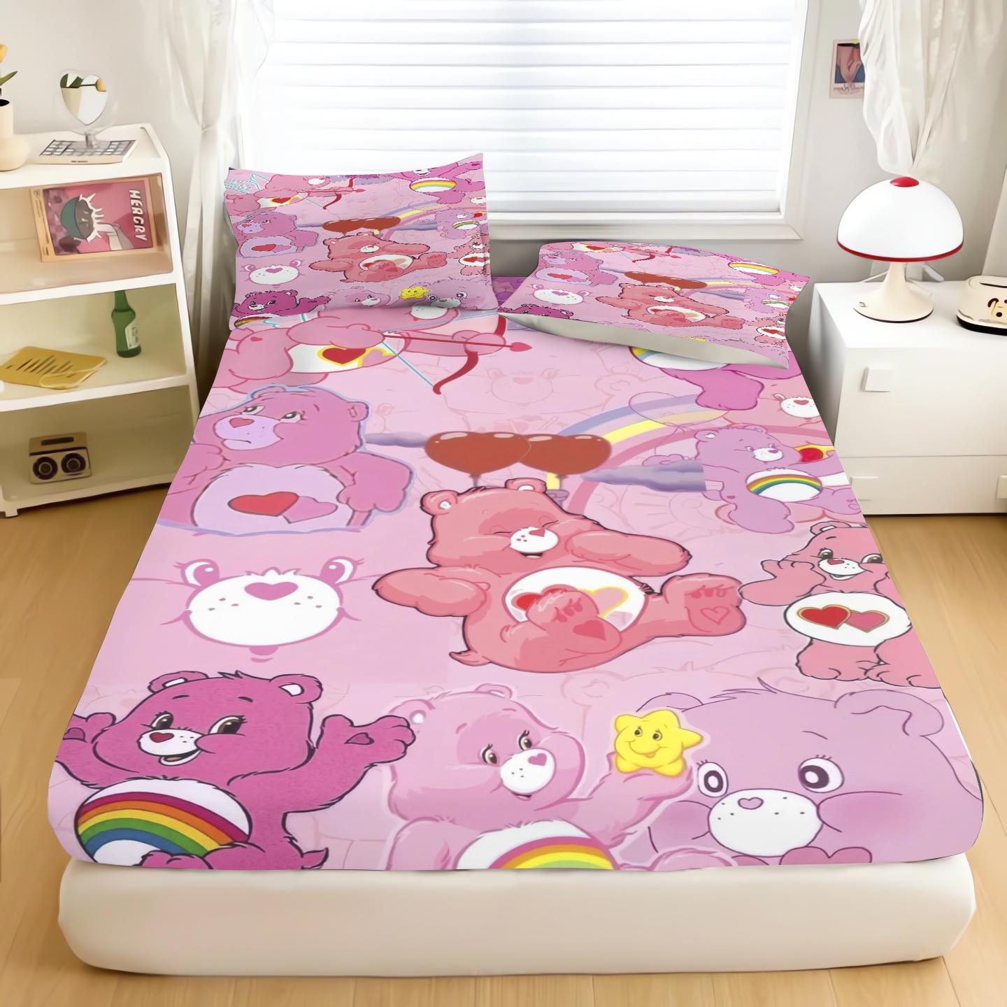 

Комплект постельного белья с мультяшным аниме Заботливые мишки , простыня на резинке, покрывало, с принтом, подходит для детей и взрослых, 2/3 предмета 90x190x25cm