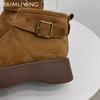 Platform Women Snow Ankle Boots Suede Short Plush Mid Heels Cotton Shoes 2025 Trend Warm Cozy Buckle Winter Designer Botas Mujer