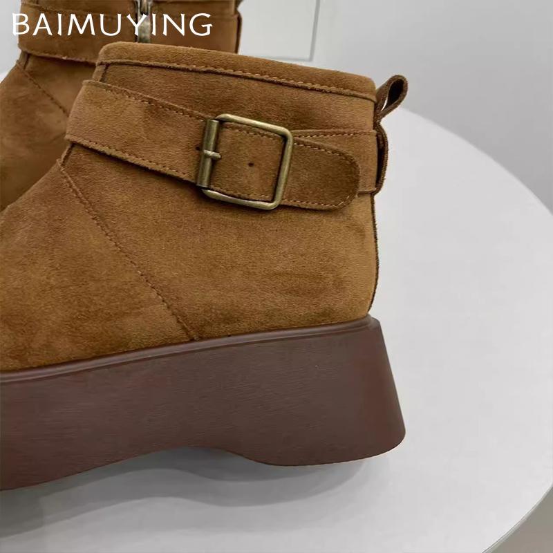 Platform Women Snow Ankle Boots Suede Short Plush Mid Heels Cotton Shoes 2025 Trend Warm Cozy Buckle Winter Designer Botas Mujer