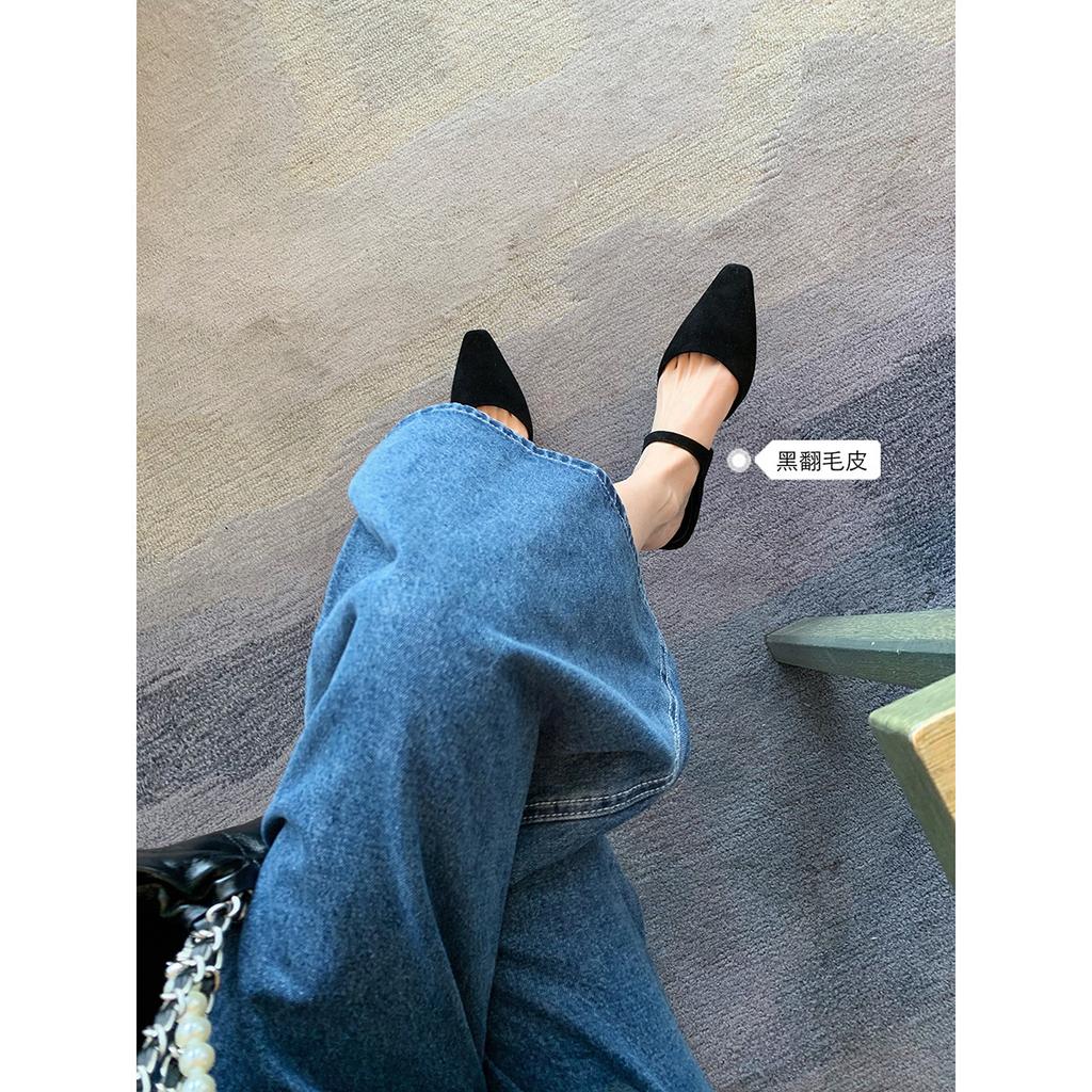 Cowhide version~ French one-word belt leather Muller half slippers women's summer outer wear bag head flat bottom cool slippers half tray