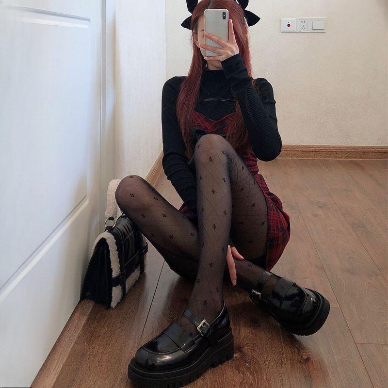 Japanese-style Black Pantyhose - Spring-Summer Thin JK White Stockings with Anti-Run Jacquard & Clover Pattern for Women