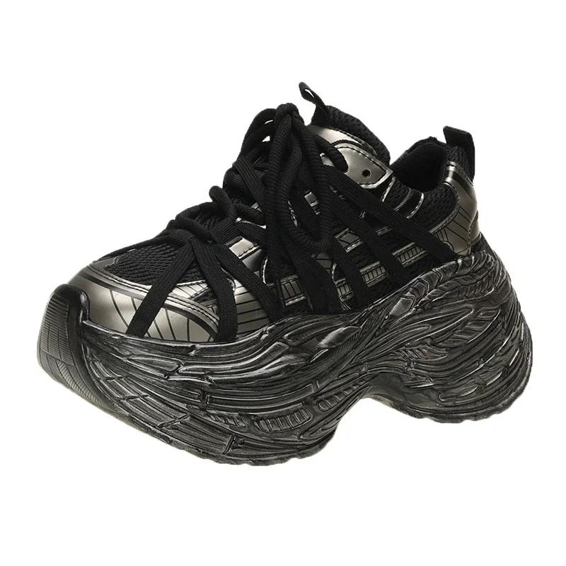 Móda 8CM Nové Prodyšné Síťované Jaro Podzim Robustní Podpatky Tenisky Vysoká Platforma Tatínkovské Boty Dámská Móda Klínky Ležérní Chůze Tenisky