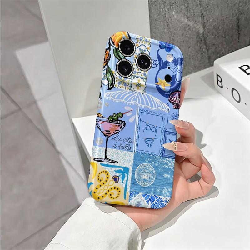 Playful Mediterranean Summer Coastal Collage Graphic Art Film Aesthetic Protective Shockproof Bumper Phone Case Cover For iPhone 14 15 16 Pro Max Plus