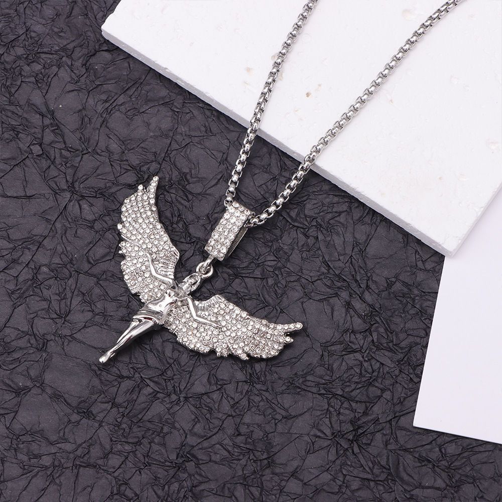 Unisex Vintage Angel Wing Pendant Necklace - Hip Hop Zircon Diamond Jewelry Accessories for Men and Women Sweater Chain