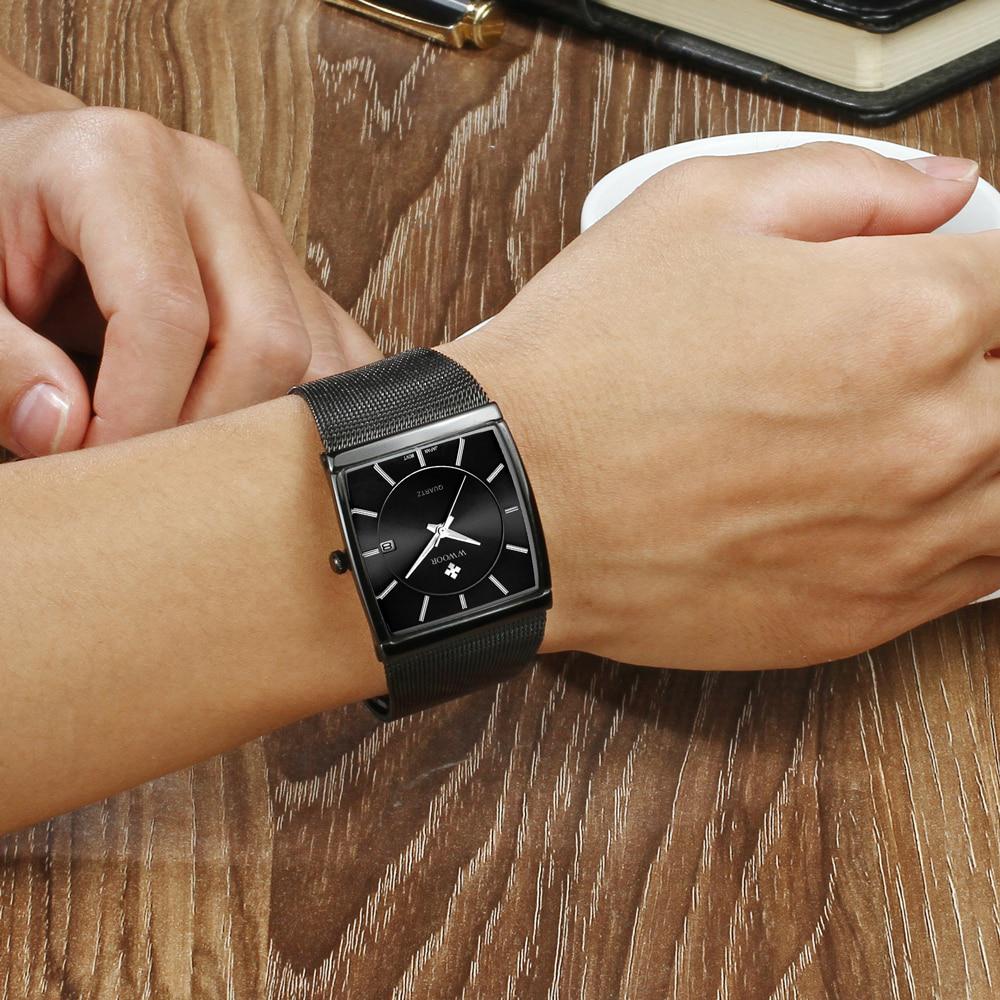 Top Brand WWOOR Quartz Watch Men Square Waterproof Business Men's Watches Luxury Black Steel Strap Sport Wrist Watch