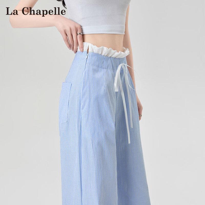 La Chapelle Women s Striped Wide-Leg Pants with Lace Detail L синий обычный