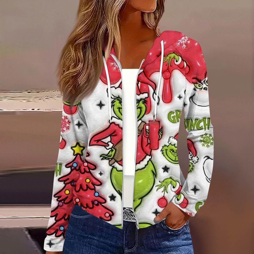 Dámská móda Vánoční potisk Ležérní rozepínací bunda s dlouhým rukávem a kapucí