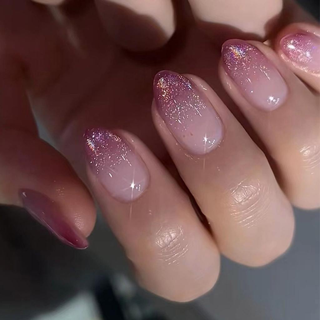 24 Pezzi Unghie Finte Press On French Tip Corte Gradiente Viola Scintillante Forma Mandorla Unghie Finte da Incollare sulle Unghie per Donne Regalo