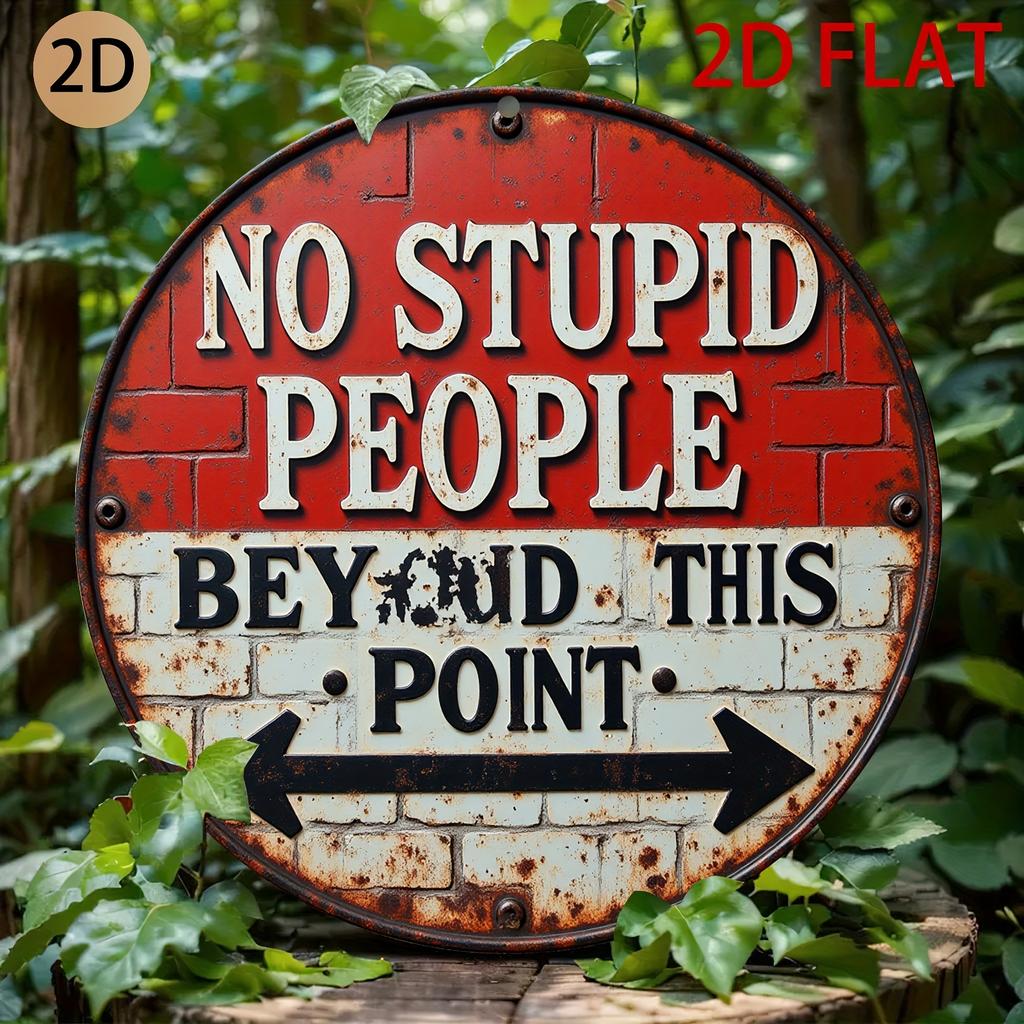 D Flat A Humorous Circular Metal Sign with a Vintage Brick Design That Reads No Stupid People Beyond This Point Perfect