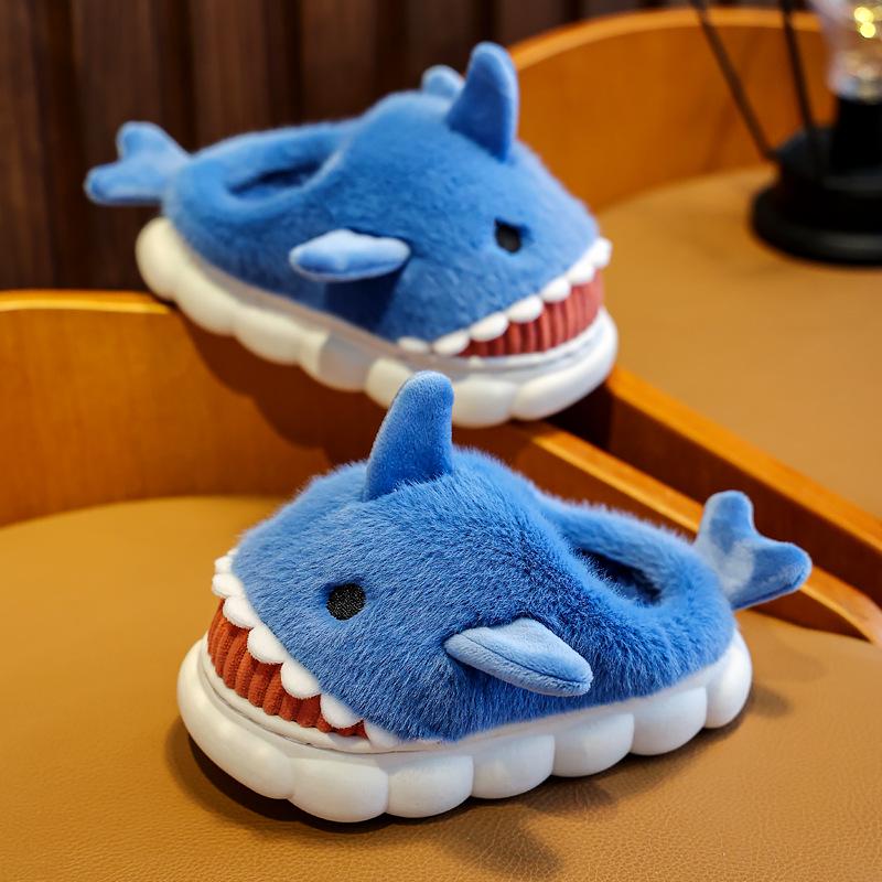 Kids' Cute Cartoon Shark Slippers - Cozy Cotton for Boys & Girls, Thick-Soled for Autumn & Winter Indoor Comfort