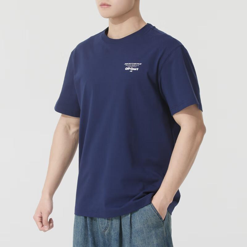 Skechers Comfort Sports Series Fashion Breathable Running Casual Short Sleeve T-Shirt Men tops Navy-Blue P225M025-00DU