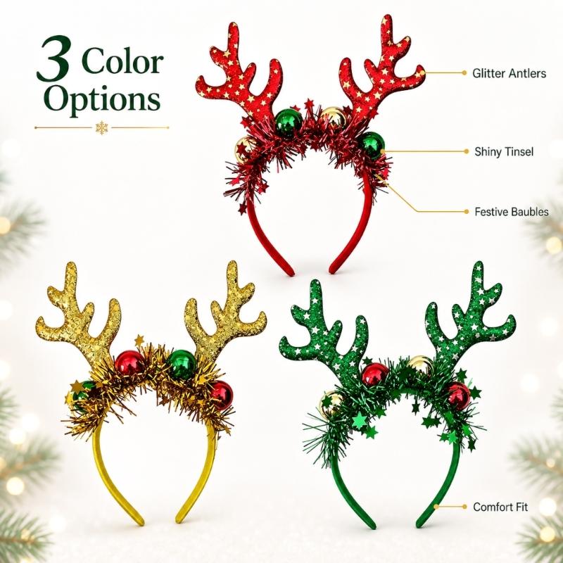Holiday Reindeer Antler Headband with Wrapped Band, Shining Tinsel Detail and Festival Ball Design for Christmas DressUp