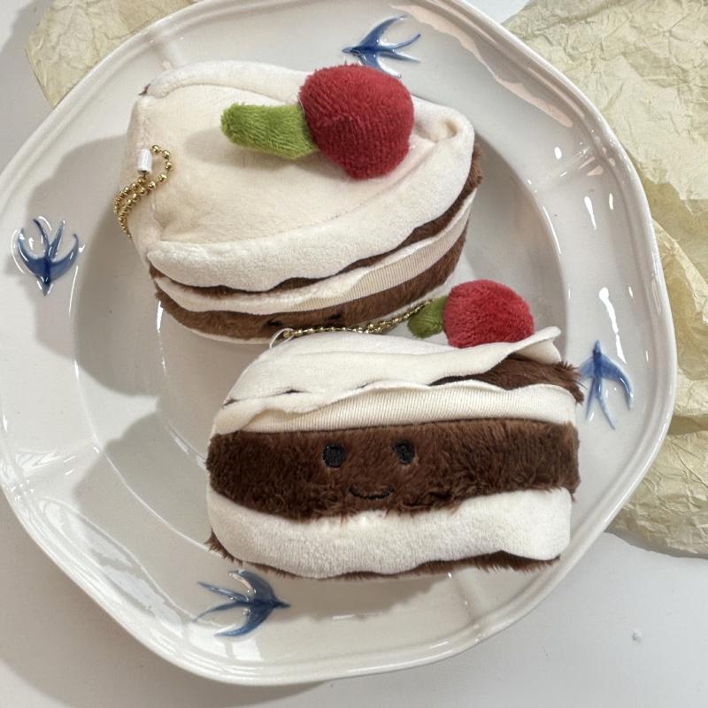 Cherry Chocolate Cake Plush Toy Keychain Cartoon Layer Cake Soft Stuffed Doll Pendant Car Key Ring Backpack Bag Decor Kid Gift