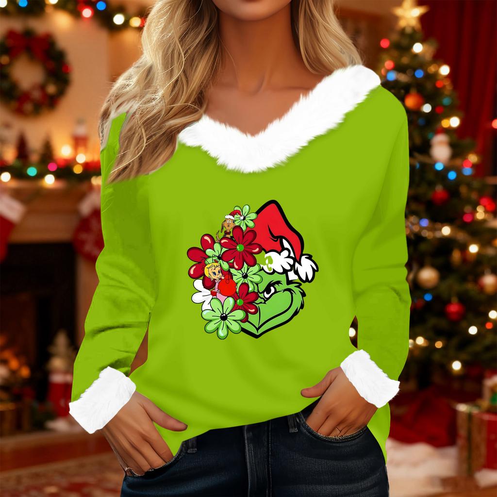 Women's T Shirt Tee Christmas Shirt Long Sleeve Party Christmas Print Fleece Collar V Neck Top