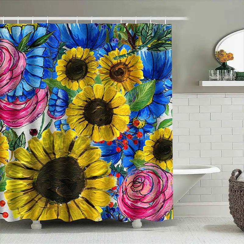 Bright Flowers Waterproof Shower Curtain Home Decor Bathroom Accessory Modern Sunflower Design For Kids Bathrooms Customizable S