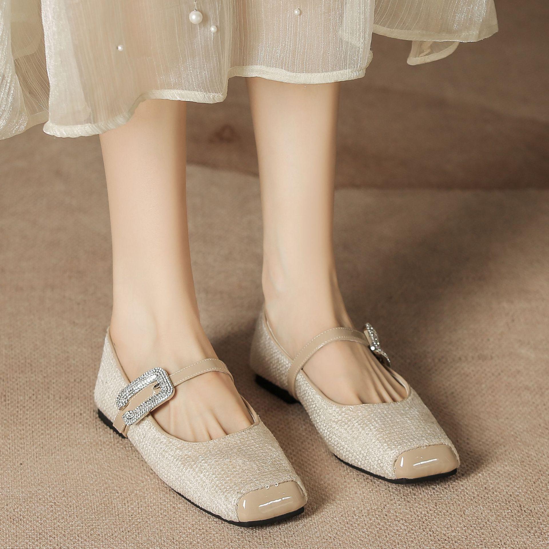 

H83-2 Туфли с бусинами в виде свиного рта, односторонний ремень с одним словом, туфли Мэри Джейн, летние женские туфли на плоской подошве с мягкой подошвой, пряжка со стразами, маленькие и милые 40 абрикосовый