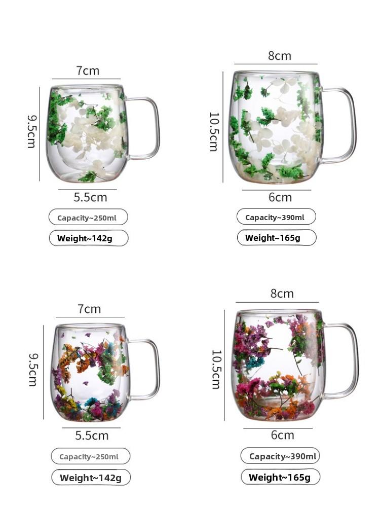 Double Layer Borosilicate Glass Mug with Dried Flower Inside Clear Design for Office Bar Home Coffee Tea Drinkware Gift