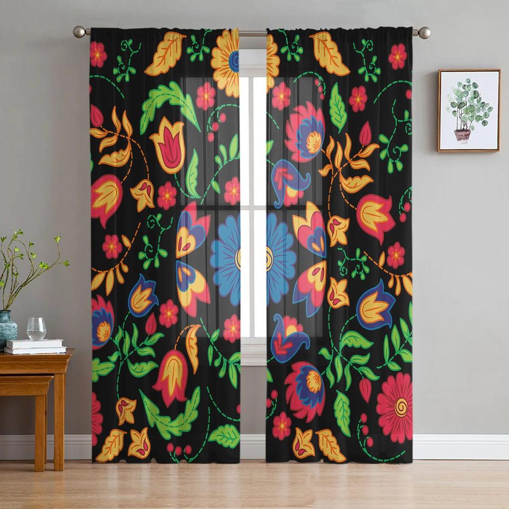 Mexican Festival Pattern Texture Bedroom Transparent Sheer Curtains Holiday Decoration Window Voile Tulle Curtain