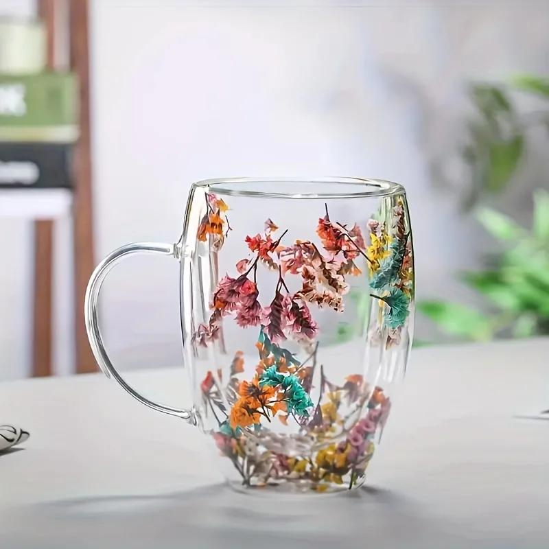 1pc 350ml Double Wall Clear Glass Coffee Mugs Creative Clear Glass Cup with Handle Artificial Flowers Double Insulated Glass Cup