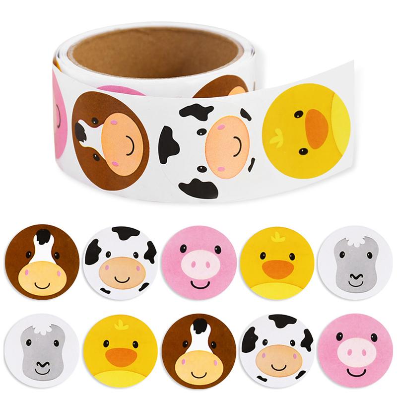 100/500Pcs Cartoon Animals Sticker Kids Farm Theme Birthday Party Decoration Supplies DIY Gift Box Sealing Label Reward Stickers