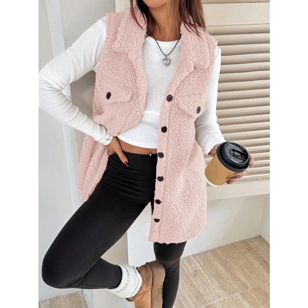 Women's Lapel Sleeveless Vest Oversized Fit Solid Color Single Button Pocket Winter Fleece Gilet