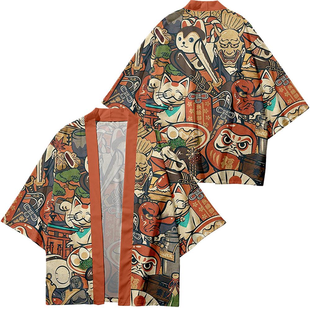Footwear Finds Creatieve Illustratie Tao&iuml;stisch Gewaad Mantel Japanse Stijl Driekwart Mouw Casual Losse Kimono Heren Plus Size Zomer L