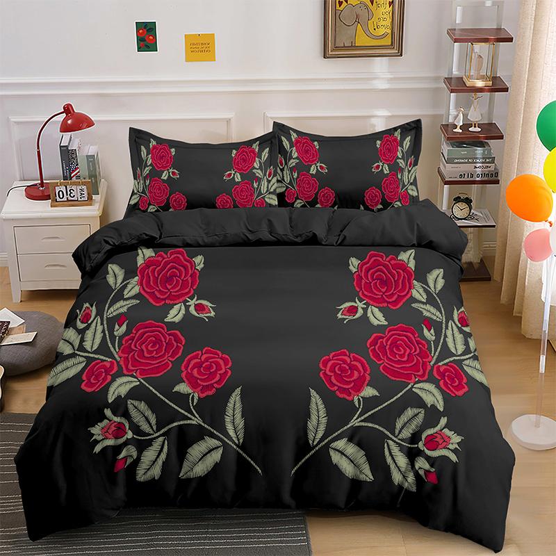 Red Rose Duvet Cover Set 3D Print Romantic Theme Valentine's Day Gift Polyester Comforter Cover with Pillowcase King Queen Size