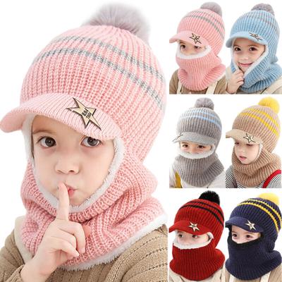 Conjunto de chapéu + cachecol de inverno para criança, meninos, meninas, gorro de lã quente de malha, cachecol