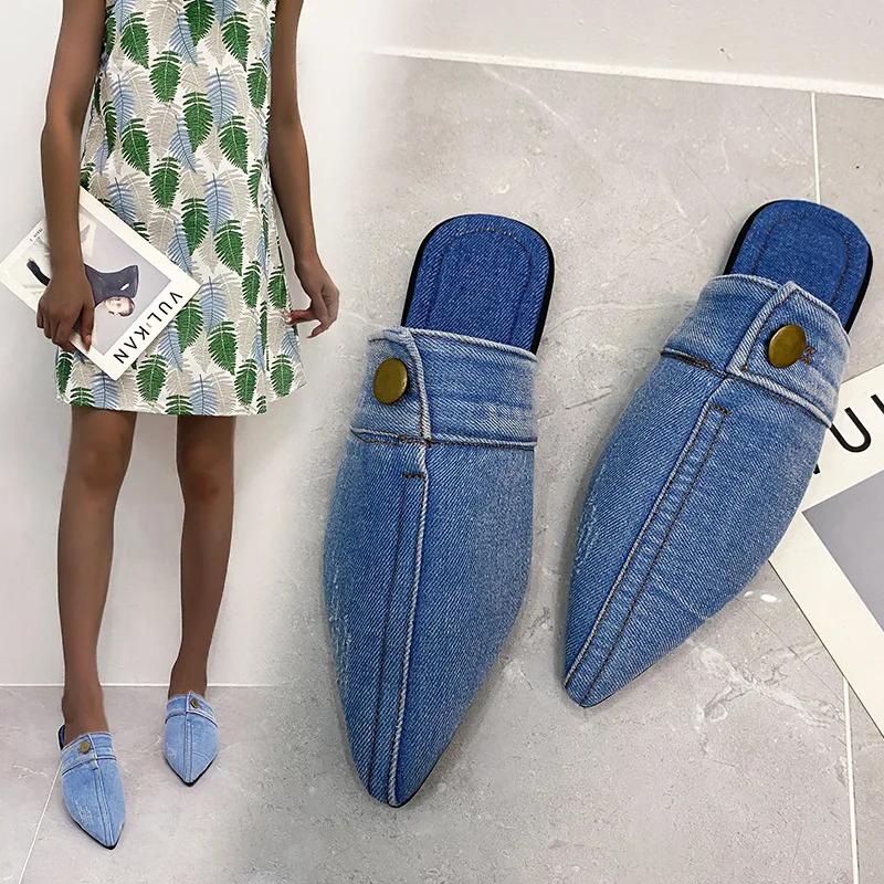 Fashion 2025 Super New Pointed Toe Denim Flat Bottom Half Slippers Women Fashion Outer Wear Shoes Large Size 43 Flip Flops Chanclas