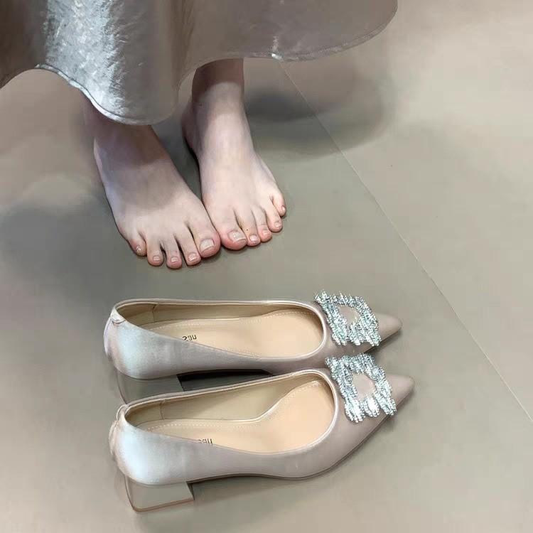 Fashion rhinestone square buckle thick heel single shoes women's new satin pointed high heels bride shoes wedding shoes women