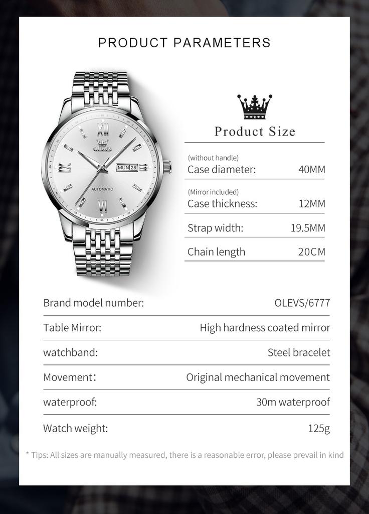 OLEVS Watches for Man Original Stainless Steel Dual Calendar Luminous Waterproof Business Automatic Mechanical Men's Watch 6777