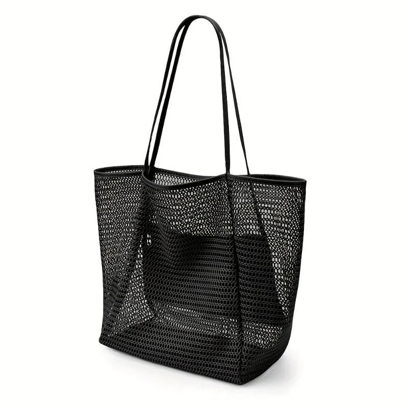 Women Large Capacity Beach Bag Durable Polyester Woven Shoulder Bag Portable Storage Bag Foldable Swimming Bag for Travel Purse