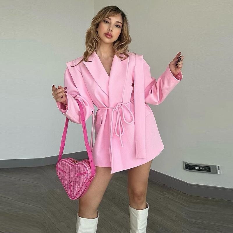 Γυναικείο Μπλέιζερ Πέτο Ζώνη Δέσιμο στη Μέση Σακάκι Κοστούμι Φαρδύ Καθημερινό και για Μετακινήσεις Σακάκι 2025 Άνοιξη/Καλοκαίρι Μακρυμάνικο Λεπτό Παλτό